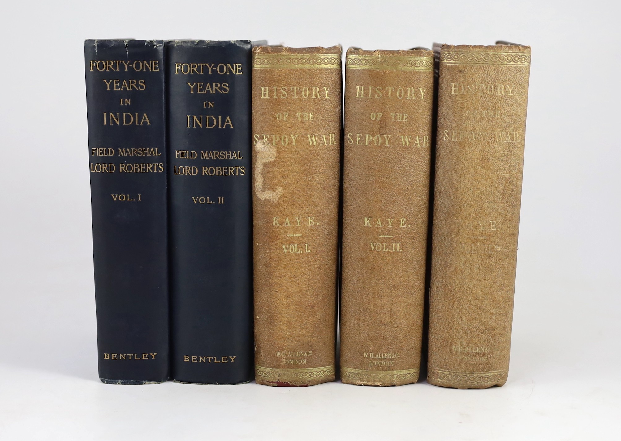 Kaye, John William, Sir - A History of the Sepoy War in India, 3 vols, mixed editions (vol.I, 1872, vol.II 1870, vol. III, 2nd edition, 1876), 8vo, cloth, spines sunned, spotting throughout, W.H. Allen & Co., London and